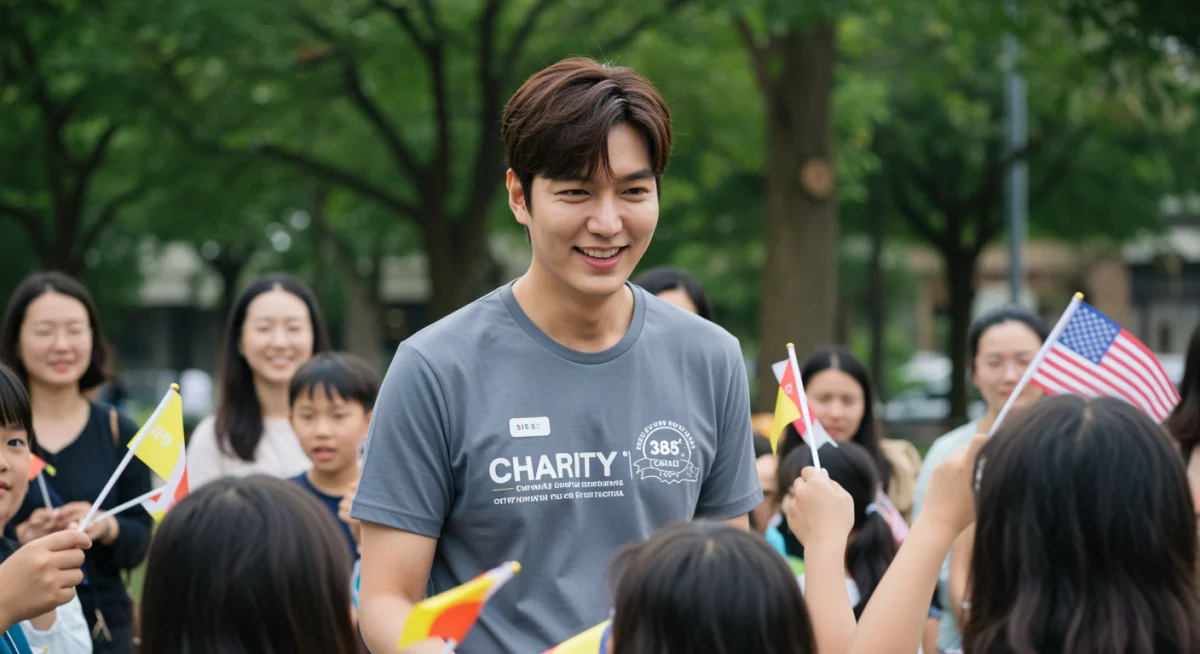 K-drama actor Lee Min-ho engaging with children at a U.S. charity event, showcasing community involvement.