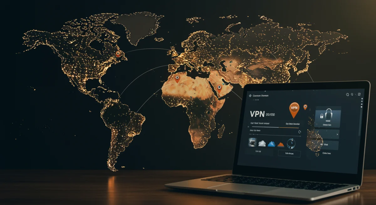 VPN application interface on a laptop with a world map showing global server locations